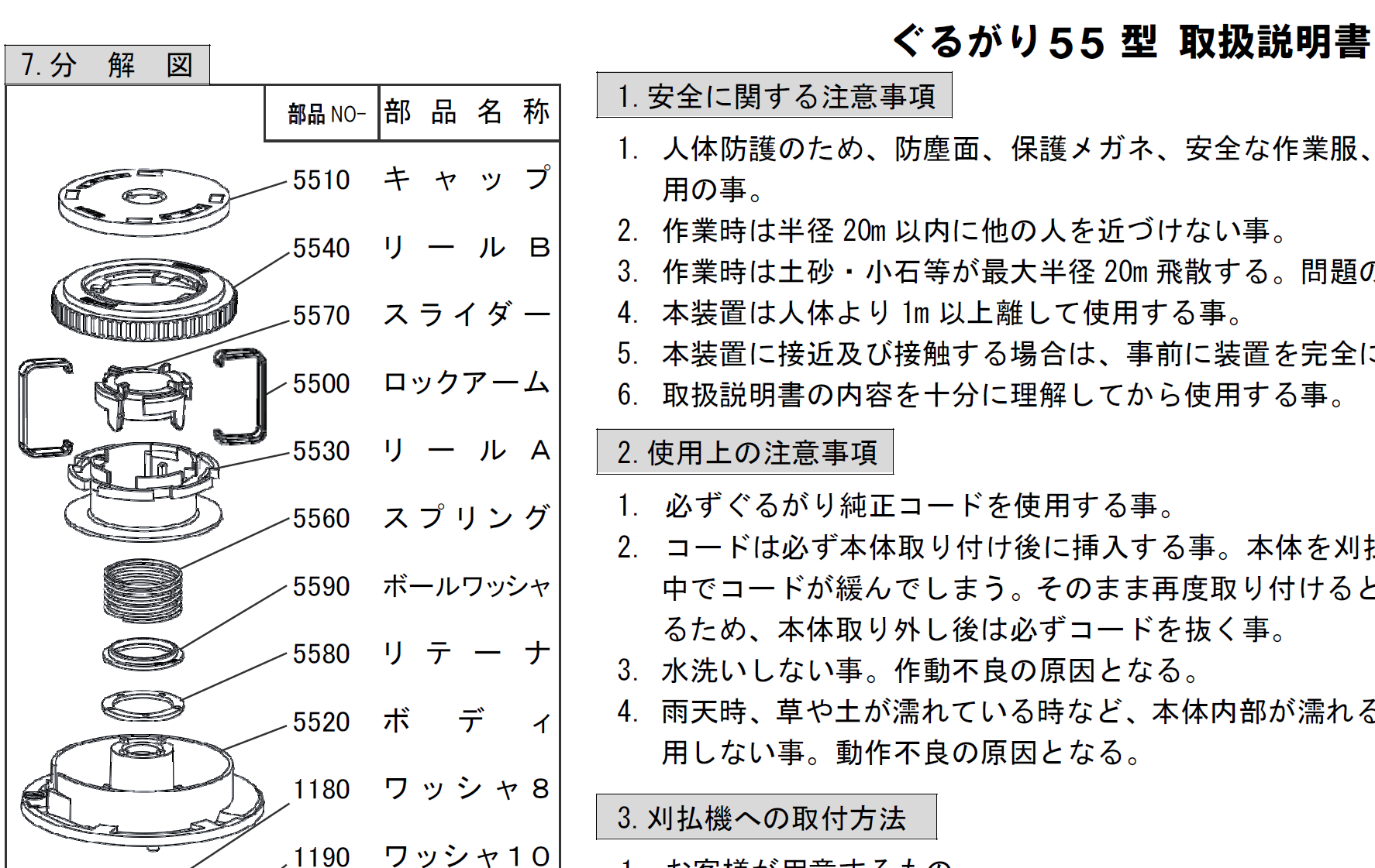 旧型（NO-5520ボディ用）ぐるがり55型、取扱説明書 | 株式会社ナゴシ